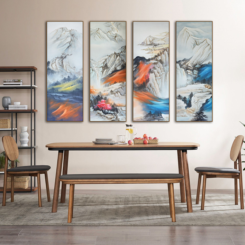 新中式禅意笔墨山水抽象意境手绘油画四联装饰画高清素材图库