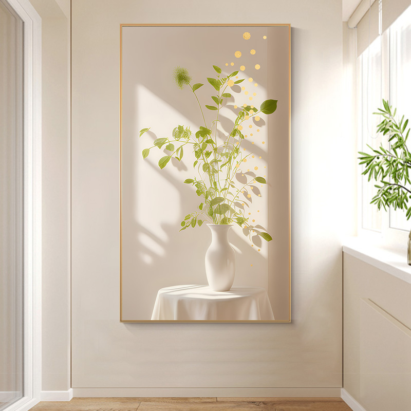 现代简约花瓶绿植光影侘寂风沙发背景墙装饰画高清素材图库