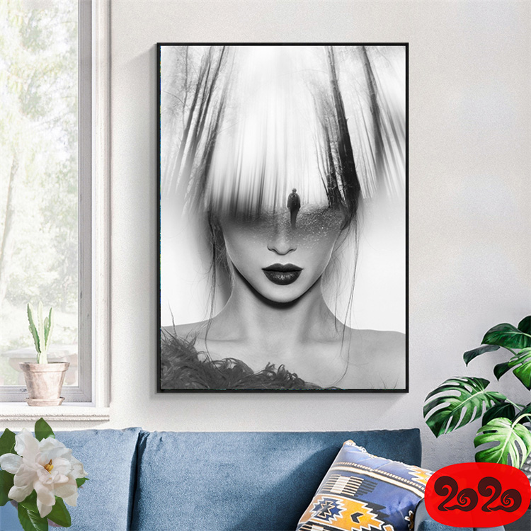 黑白背景装饰画素材高清画芯图库北欧人物动物风景三联画挂画