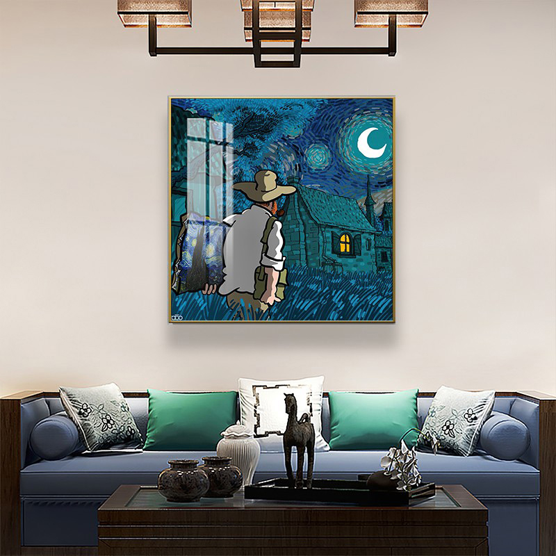 现代手绘卡通人物梵高星空名画油画创意装饰画高清素材图库