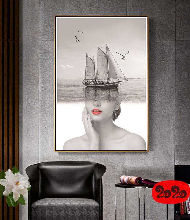 黑白背景装饰画素材高清画芯图库北欧人物动物风景三联画挂画