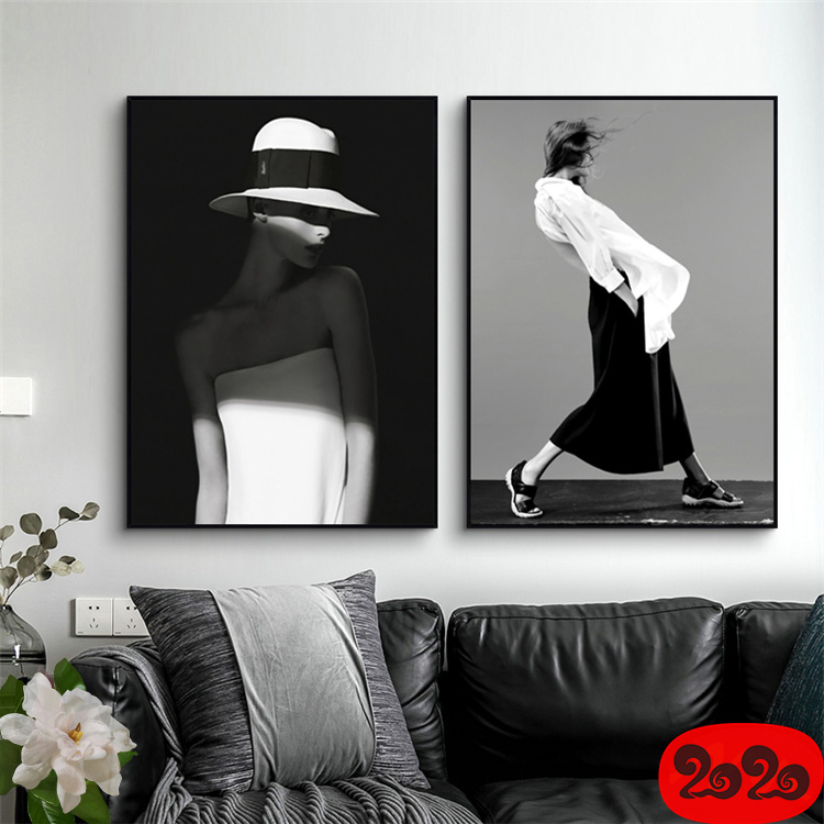 黑白背景装饰画素材高清画芯图库北欧人物动物风景三联画挂画