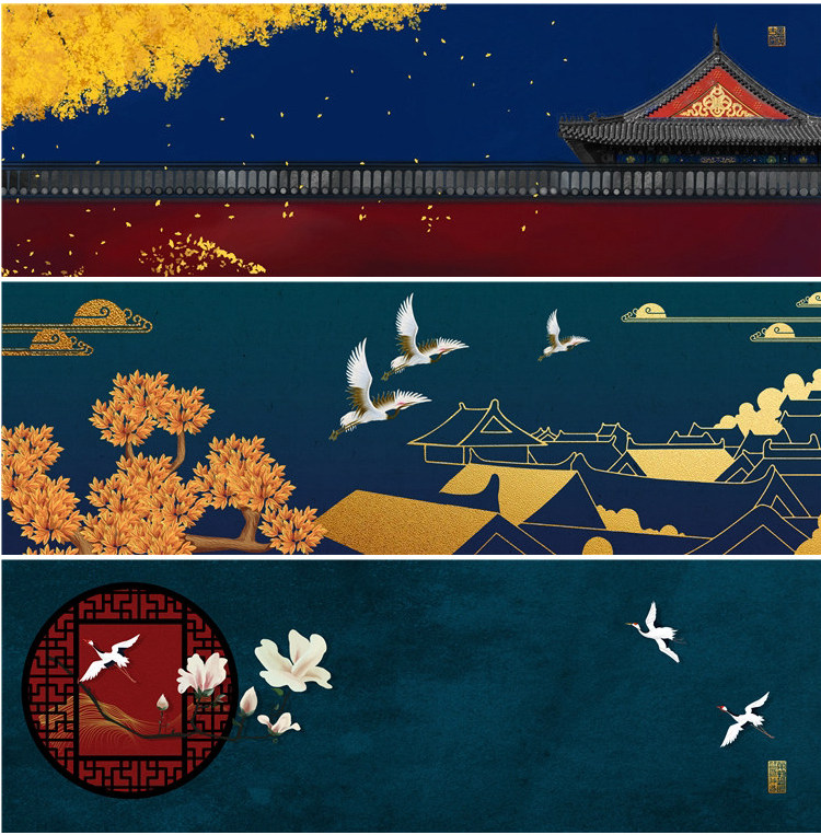 新中式中国风国潮现代卧室床头装饰画画芯素材高清图库横幅故宫