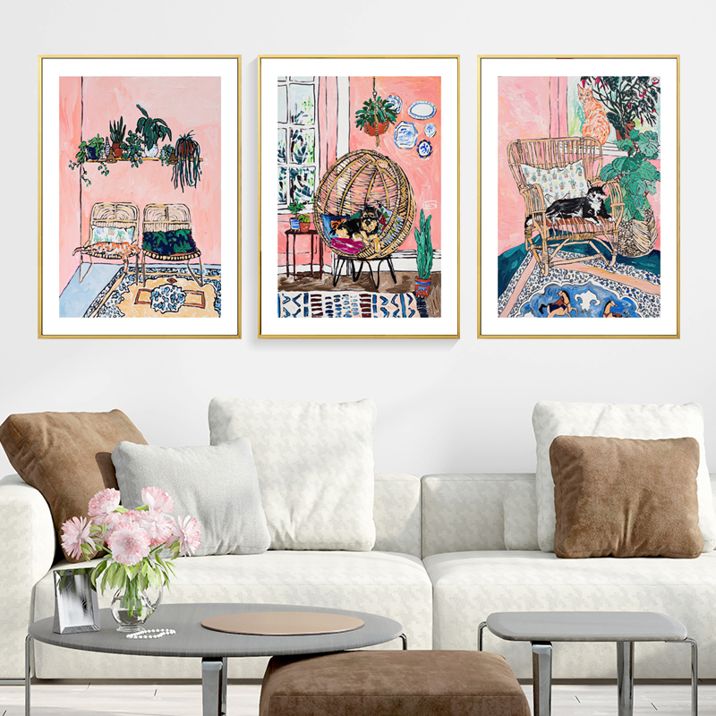 北欧现代简约小清新手绘沙发猫咪植物客厅小众装饰画画芯素材