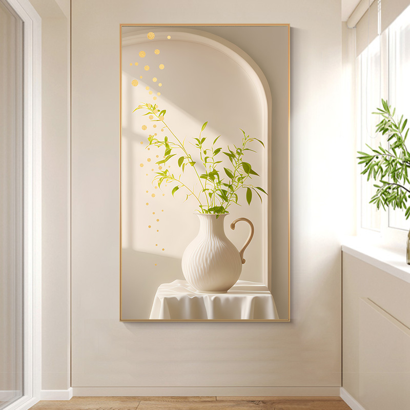 现代简约花瓶绿植光影侘寂风沙发背景墙装饰画高清素材图库