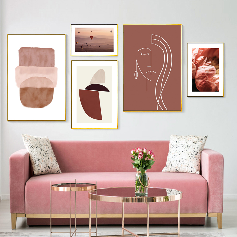 北欧简约落日风景热气球色块抽象粉色植物花卉组合装饰画素材