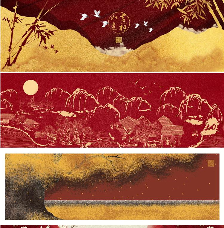 新中式中国风国潮现代卧室床头装饰画画芯素材高清图库横幅故宫