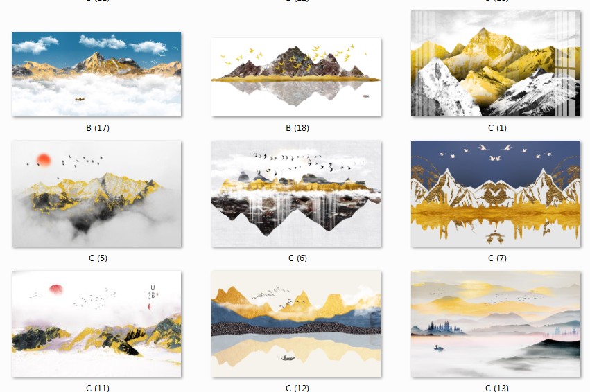 新中式金山飞鸟意境金色抽象画禅意靠山水高清图库装饰画芯素材