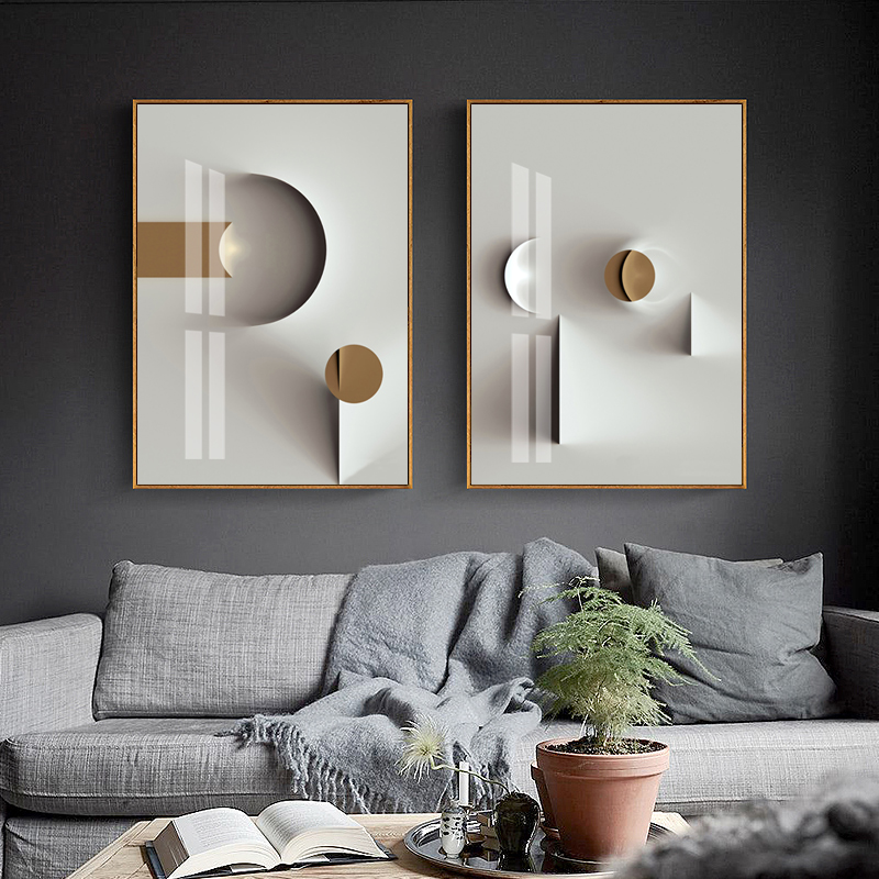 北欧黑白极简抽象线条几何圆形立体色块轻奢玄关装饰画高清图