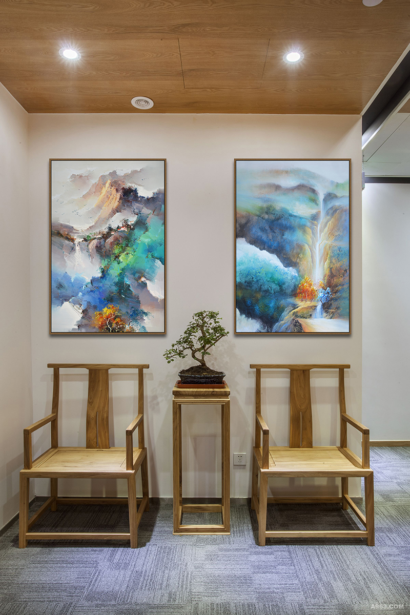 新中式禅意笔墨山水抽象意境手绘油画四联装饰画高清素材图库