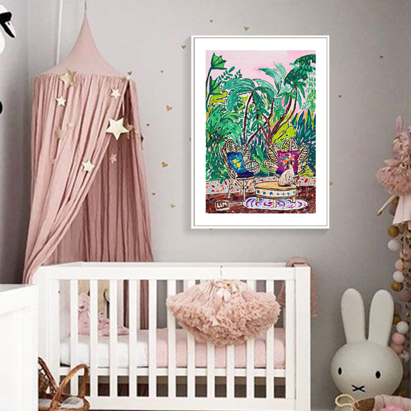 北欧现代简约小清新手绘沙发猫咪植物客厅小众装饰画画芯素材