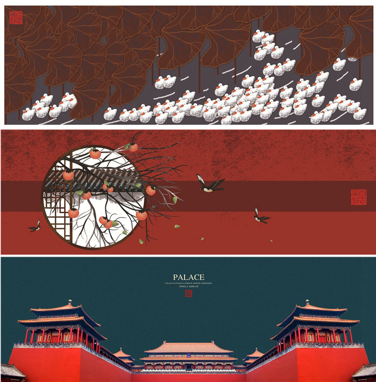 新中式中国风国潮现代卧室床头装饰画画芯素材高清图库横幅故宫