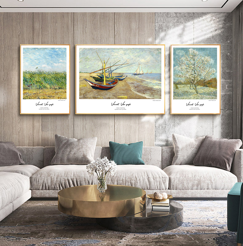 简约现代轻奢艺术梵高麦田向日葵油画三联组合客厅装饰画图素材