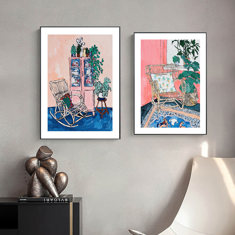 北欧现代简约小清新手绘沙发猫咪植物客厅小众装饰画画芯素材