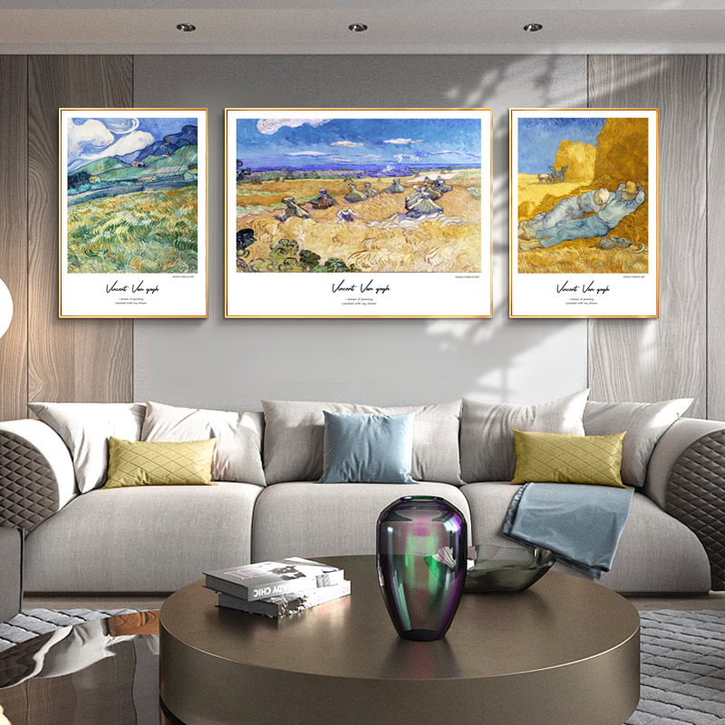 简约现代轻奢艺术梵高麦田向日葵油画三联组合客厅装饰画图素材