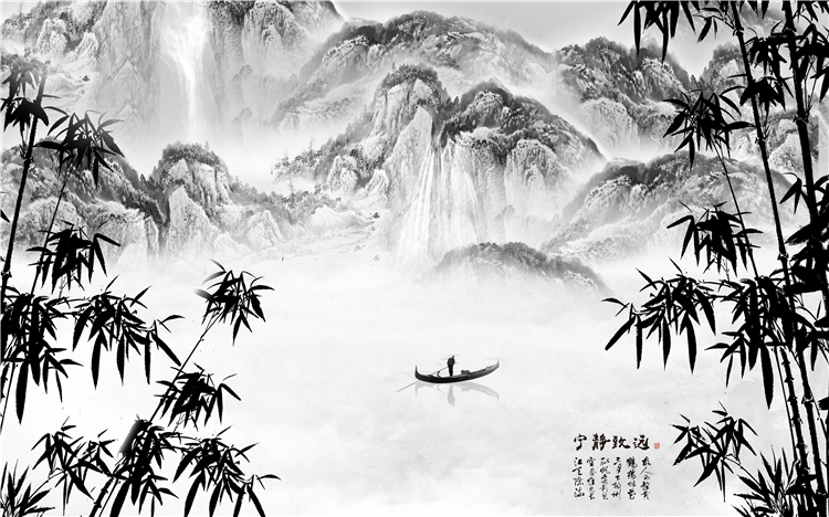 新中式客厅山水画办公室背景墙素材高清图片装饰挂画背有靠山国画