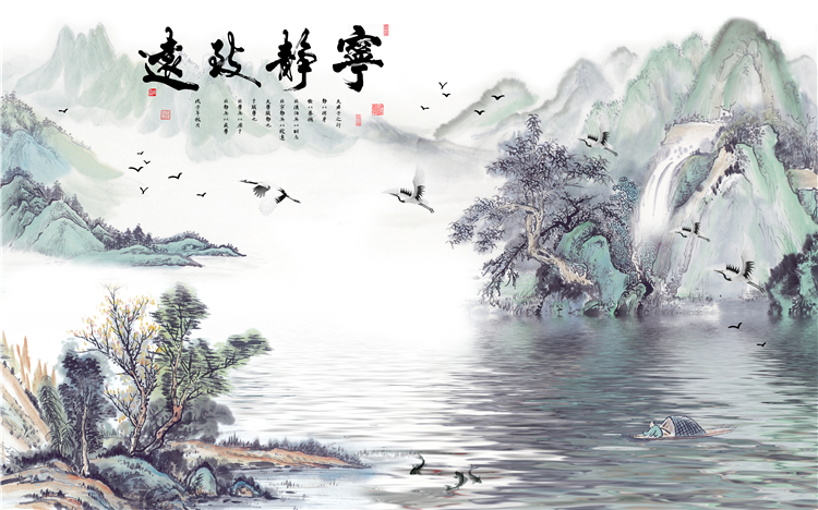 新中式客厅山水画办公室背景墙素材高清图片装饰挂画背有靠山国画