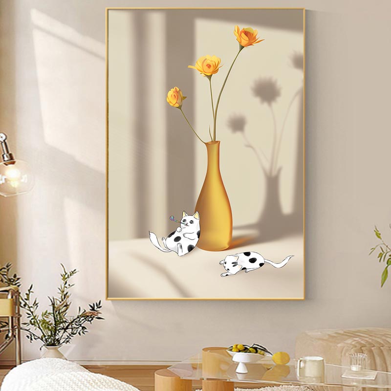 现代简约花瓶绿植光影侘寂风沙发背景墙装饰画高清素材图库