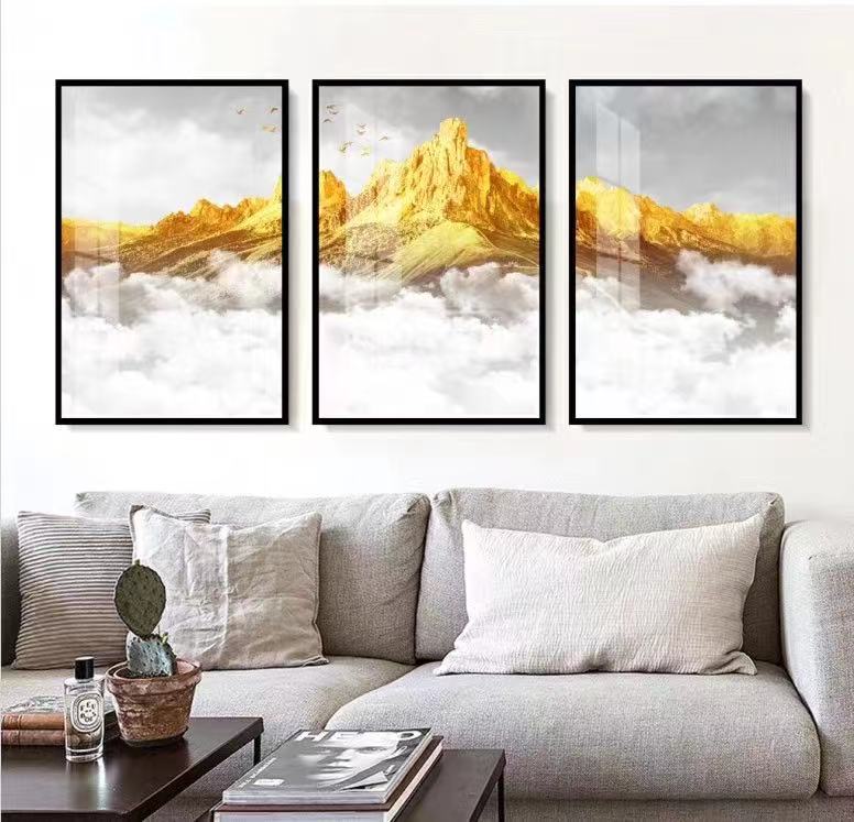 新中式金山意境麋鹿三联轻奢装饰画素材高清画芯背有靠山图库