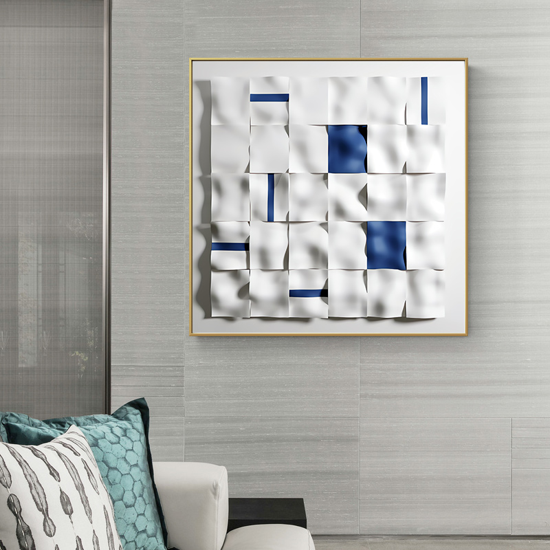 现代轻奢9D立体感艺术爱马仕橙克莱因蓝客厅装饰画芯素材图库