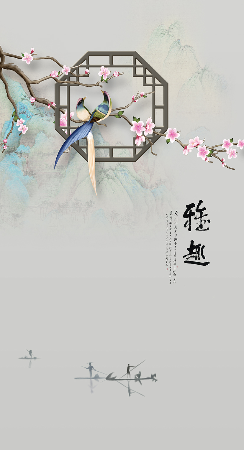 新中式古风水墨梅花兰花鸟玄关背景墙壁挂画装饰画素材图库