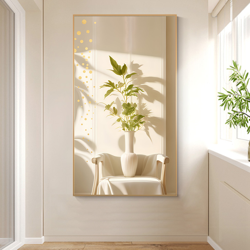 现代简约花瓶绿植光影侘寂风沙发背景墙装饰画高清素材图库