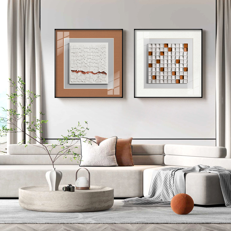 现代轻奢9D立体感艺术爱马仕橙克莱因蓝客厅装饰画芯素材图库