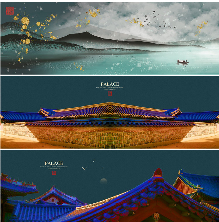 新中式中国风国潮现代卧室床头装饰画画芯素材高清图库横幅故宫