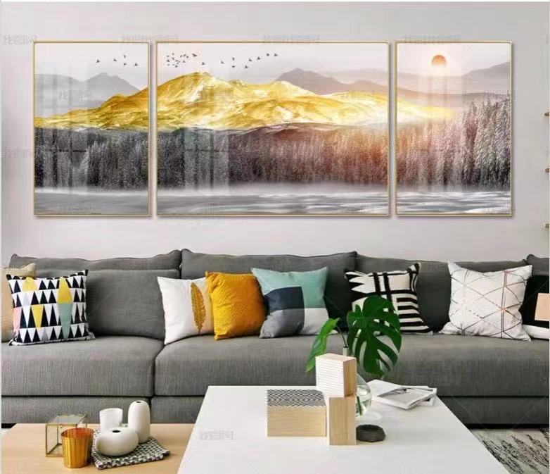 新中式金山意境麋鹿三联轻奢装饰画素材高清画芯背有靠山图库