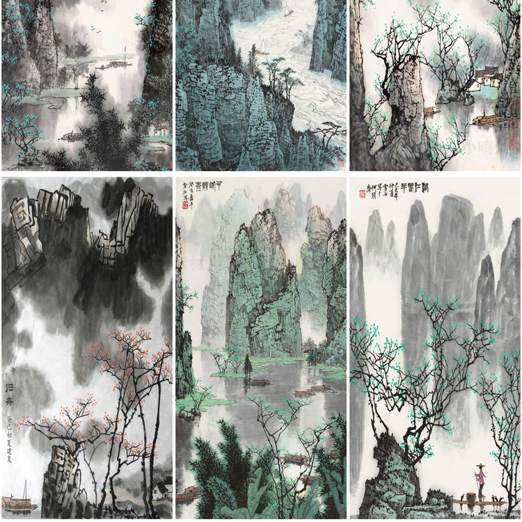 国画山水画集玄关装饰画画芯中国风素材高清图库新中式客厅挂画