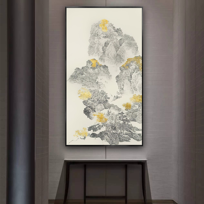 新中式禅意笔墨山水抽象意境手绘油画四联装饰画高清素材图库