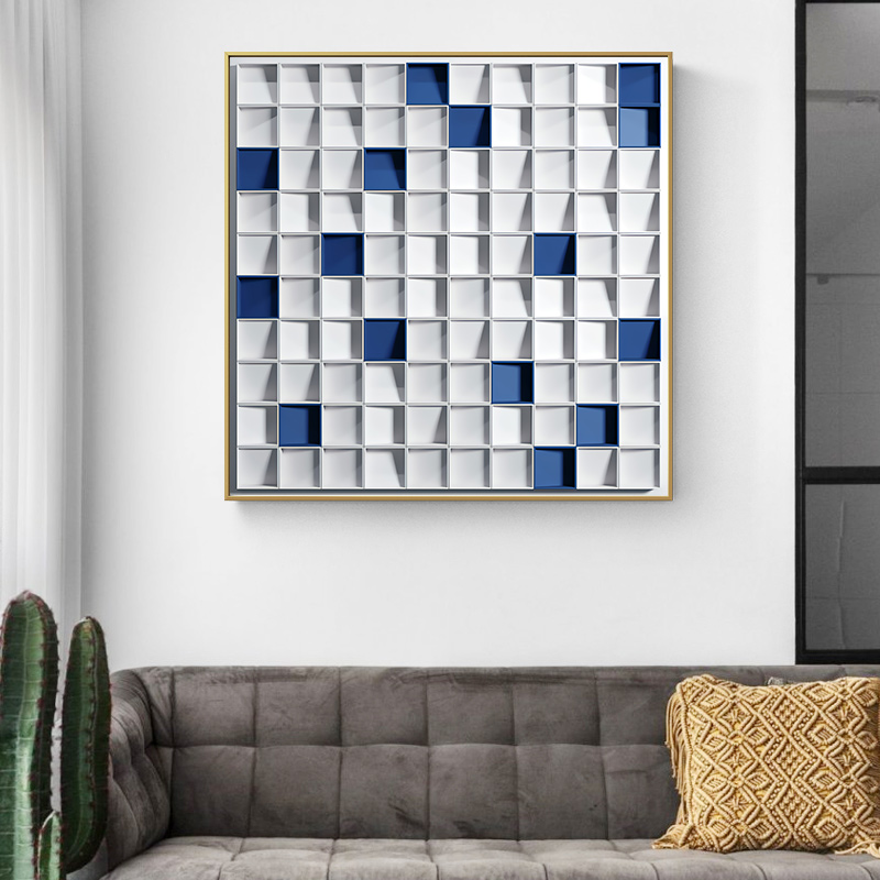 现代轻奢9D立体感艺术爱马仕橙克莱因蓝客厅装饰画芯素材图库