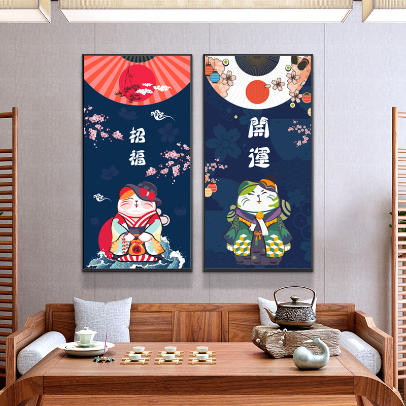 餐厅创意招财猫风水卡通料理店三联画挂画装饰画画芯高清素材