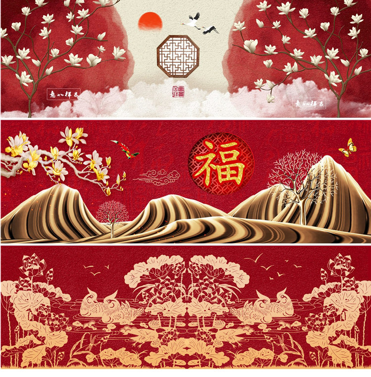 新中式中国风国潮现代卧室床头装饰画画芯素材高清图库横幅故宫