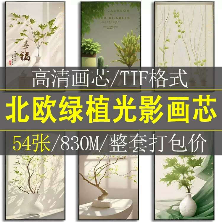 现代简约侘寂风光影绿植树枝客厅玄关背景墙装饰画高清素材图片库