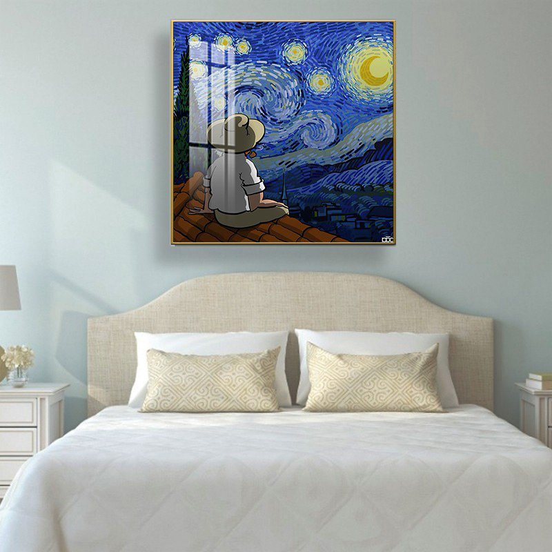 现代手绘卡通人物梵高星空名画油画创意装饰画高清素材图库
