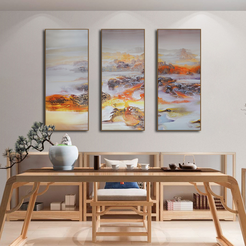 新中式禅意笔墨山水抽象意境手绘油画四联装饰画高清素材图库