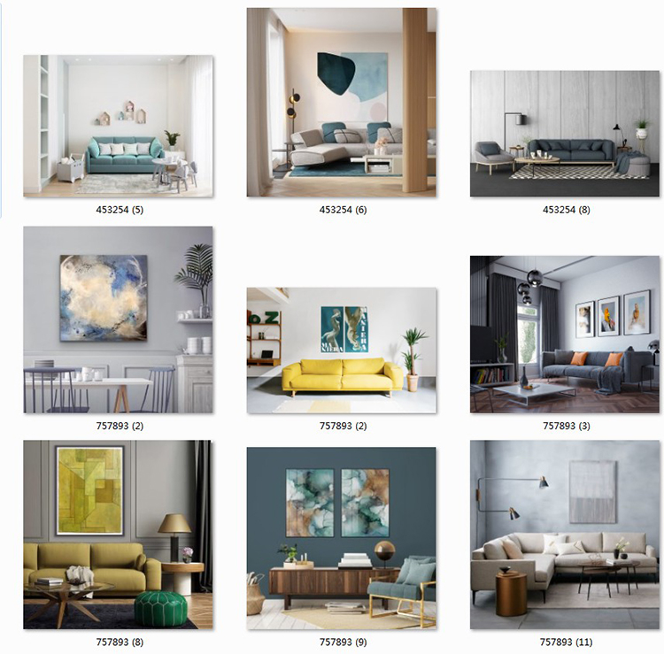 现代简约客厅家居场景图库北欧风装饰画效果图挂画背景墙样机