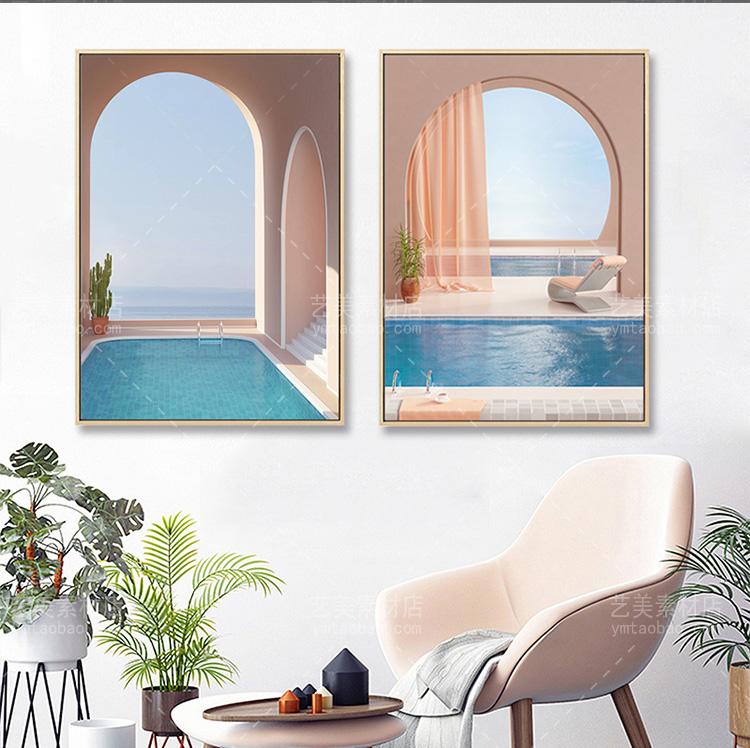 简约现代莫兰迪色北欧粉色几何建筑装饰花图画芯喷绘素材源文件