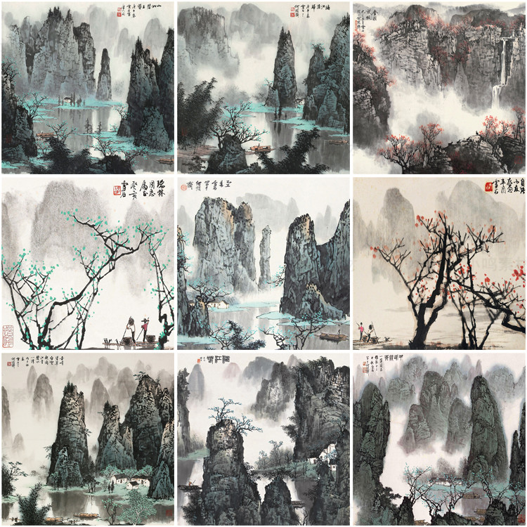 国画山水画集玄关装饰画画芯中国风素材高清图库新中式客厅挂画