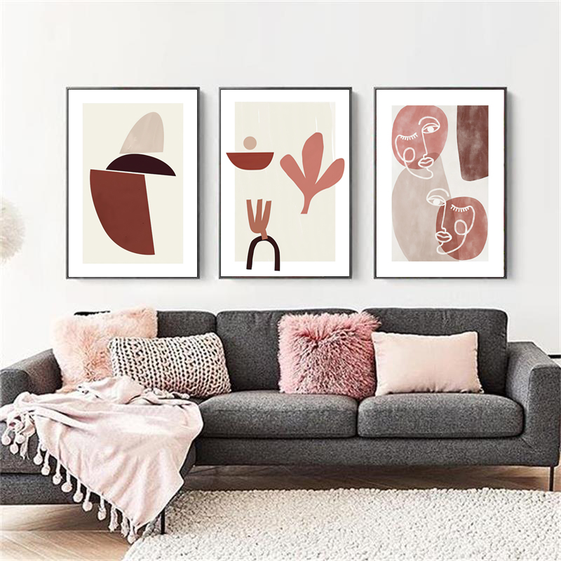 北欧简约落日风景热气球色块抽象粉色植物花卉组合装饰画素材