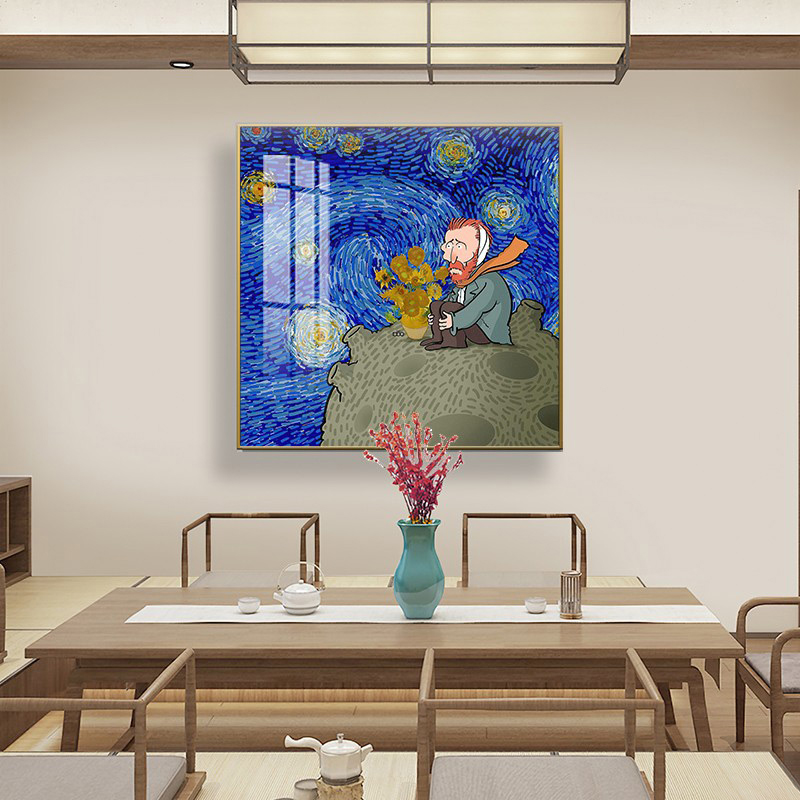 现代手绘卡通人物梵高星空名画油画创意装饰画高清素材图库