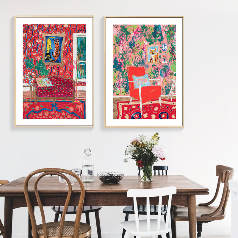 北欧现代简约小清新手绘沙发猫咪植物客厅小众装饰画画芯素材