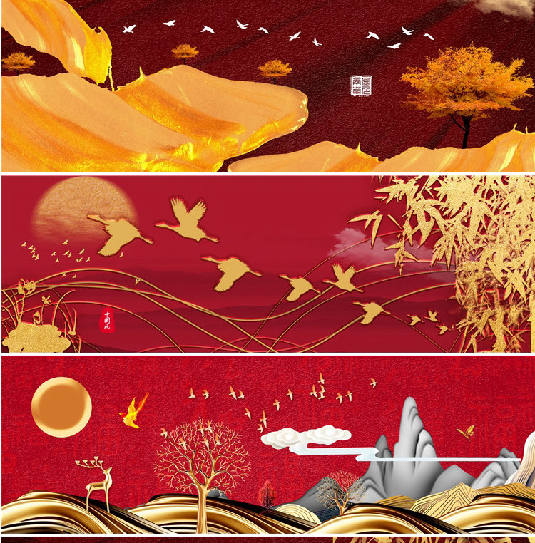 新中式中国风国潮现代卧室床头装饰画画芯素材高清图库横幅故宫