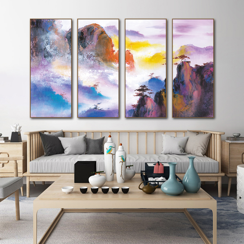 新中式禅意笔墨山水抽象意境手绘油画四联装饰画高清素材图库