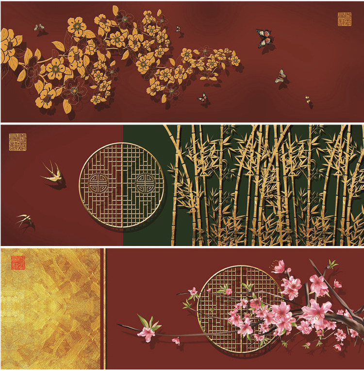 新中式中国风国潮现代卧室床头装饰画画芯素材高清图库横幅故宫