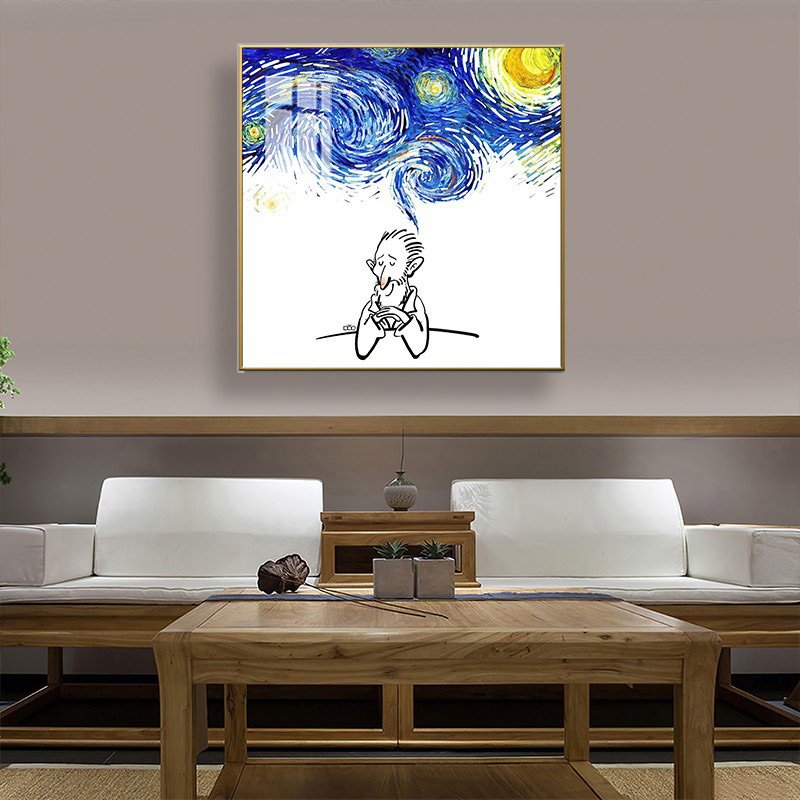 现代手绘卡通人物梵高星空名画油画创意装饰画高清素材图库