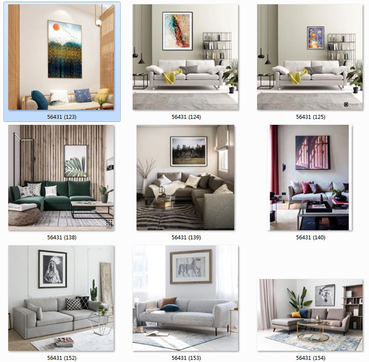 现代简约客厅家居场景图库北欧风装饰画效果图挂画背景墙样机