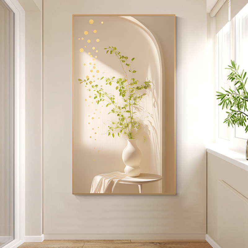 现代简约花瓶绿植光影侘寂风沙发背景墙装饰画高清素材图库