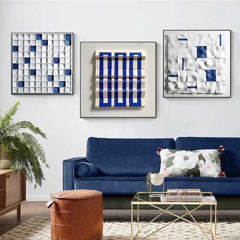 现代轻奢9D立体感艺术爱马仕橙克莱因蓝客厅装饰画芯素材图库